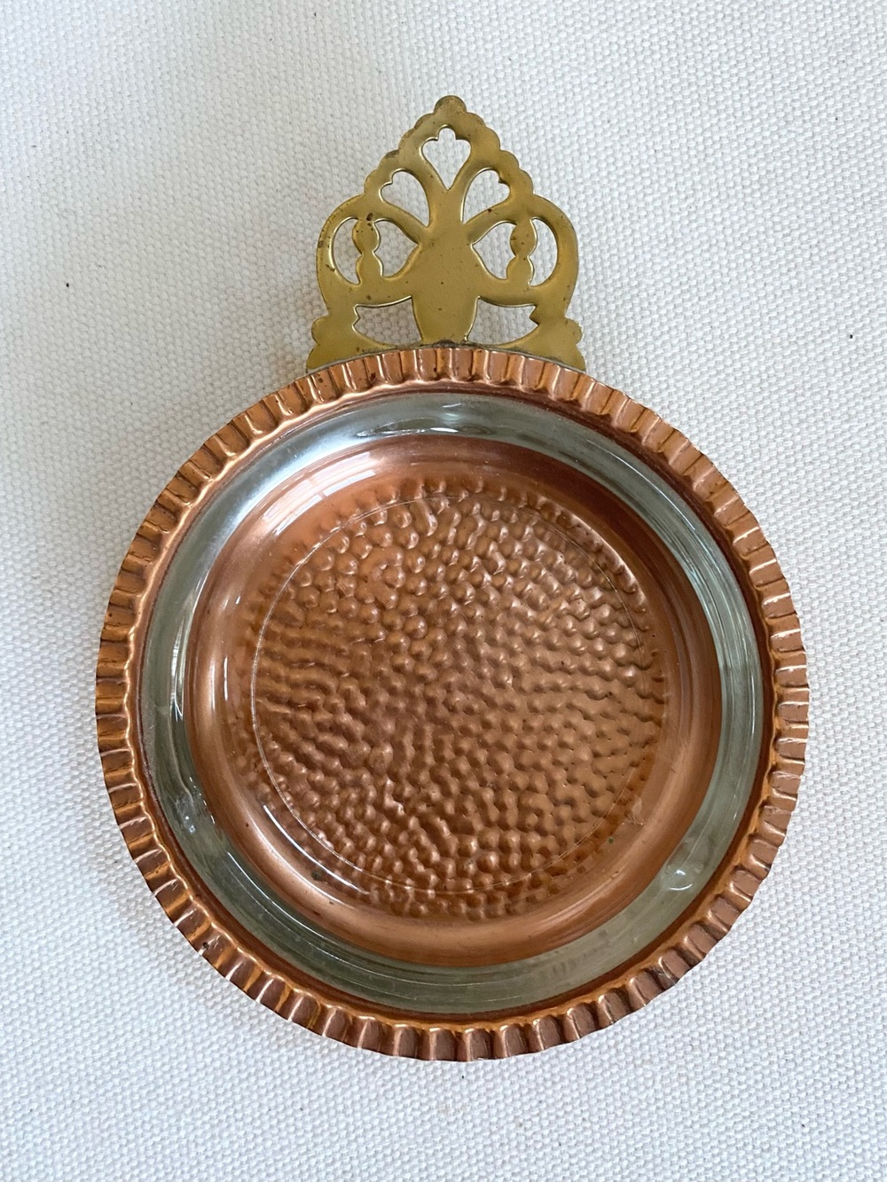 VTG Coppercraft Guild Copper Ashtray Dish Hammered Glass Insert Brass Handle